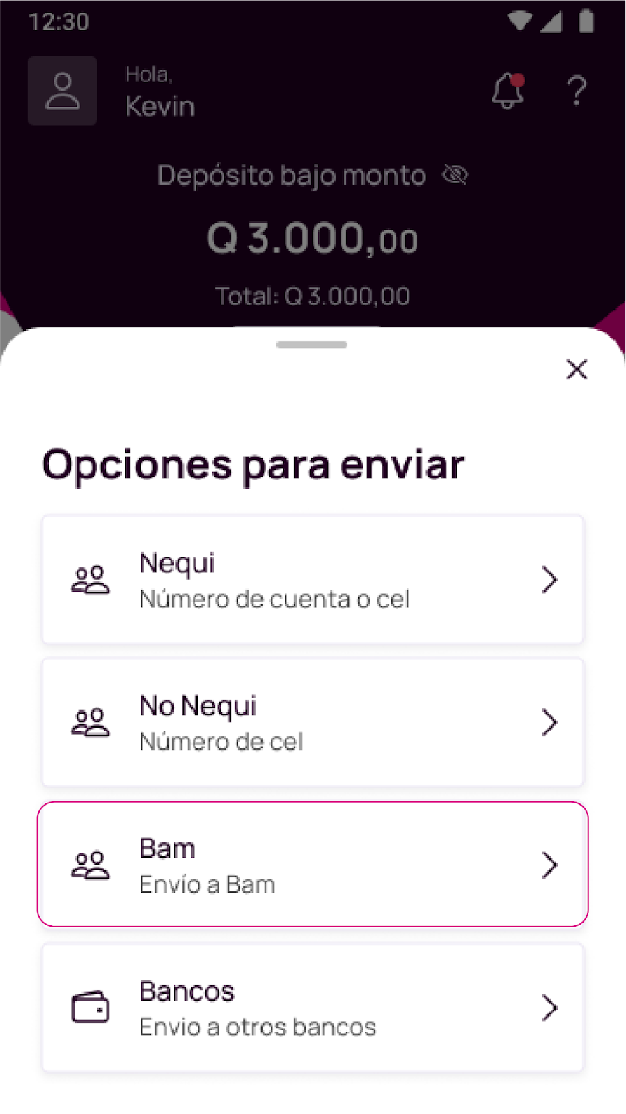 opción “Bam” en la app Nequi
