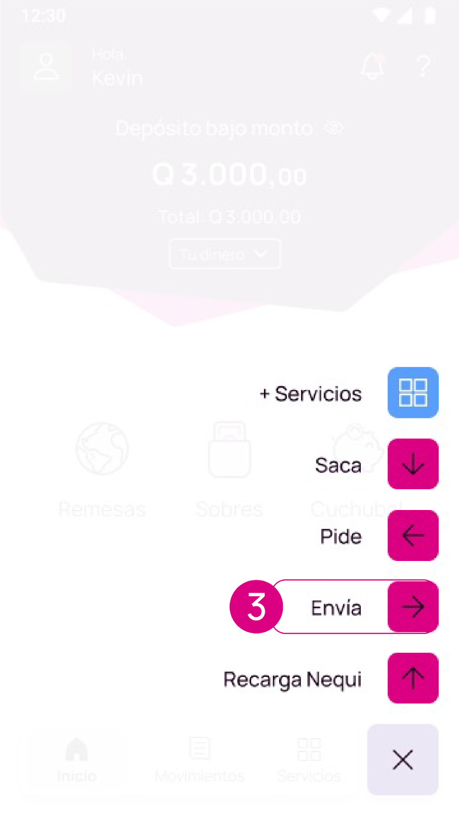 Opción envía en la app Nequi