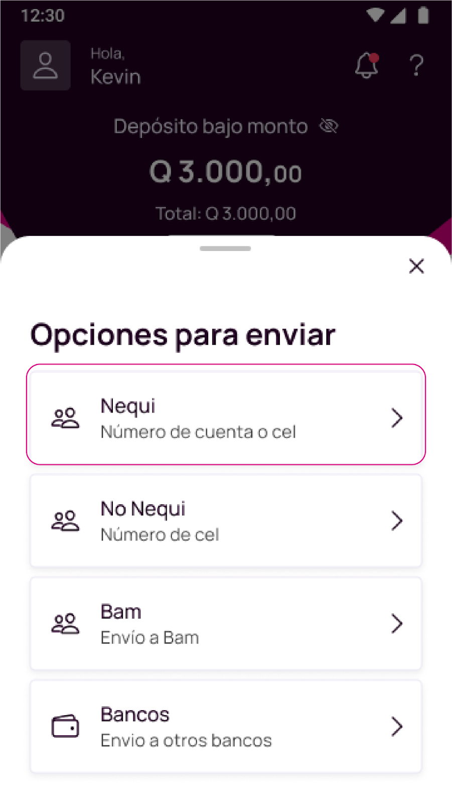 Pantalla de opciones para enviar a otro Nequi
