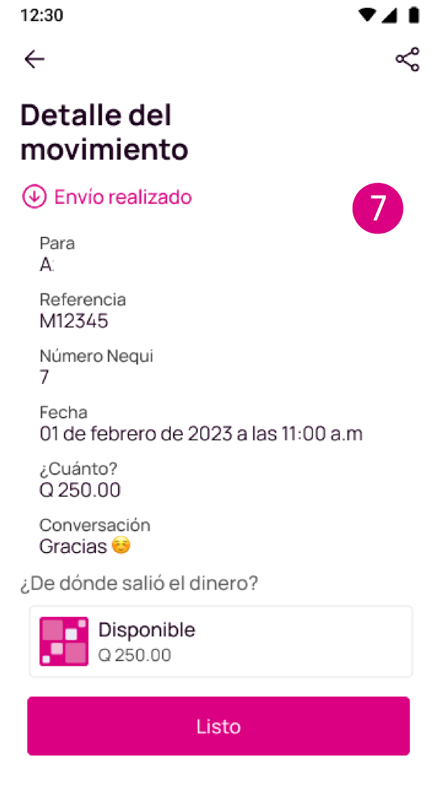 Pantalla de detalles del movimiento en Nequi