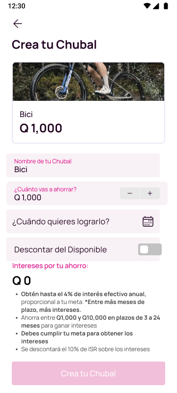 Pantalla de crea tu chubal con el monto