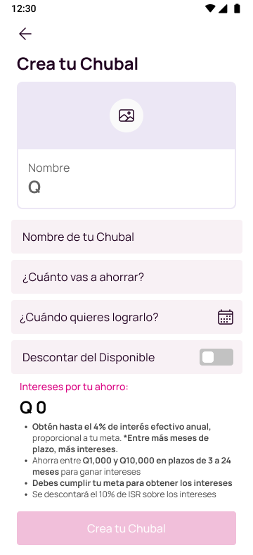 Pantalla de Crea tu Chubal con datos a ingresar