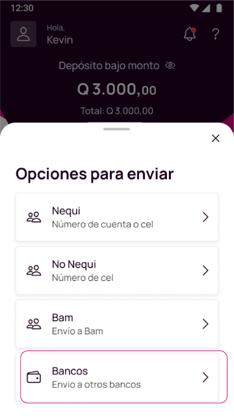 Opción bancos en la app Nequi