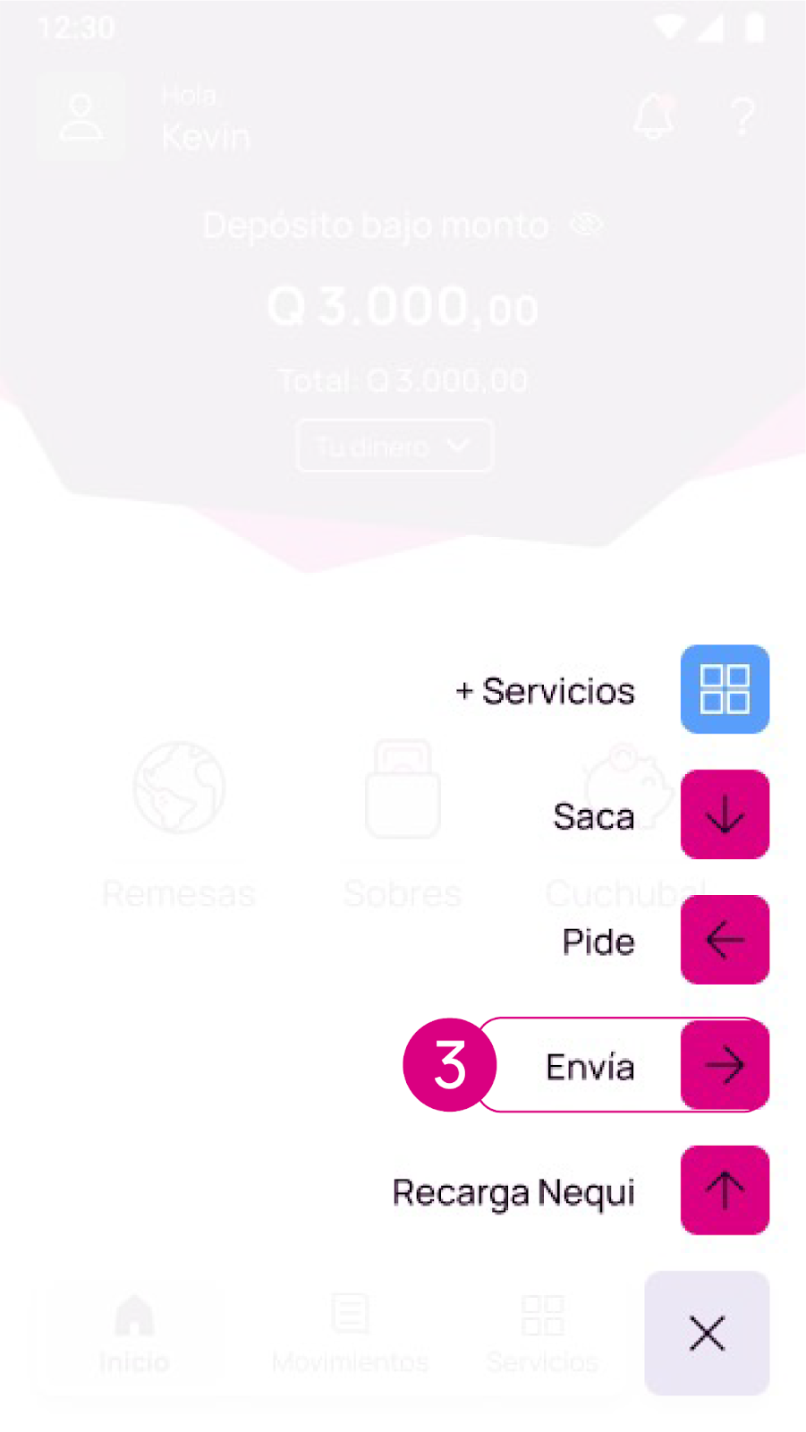 Opción envía en la app Nequi