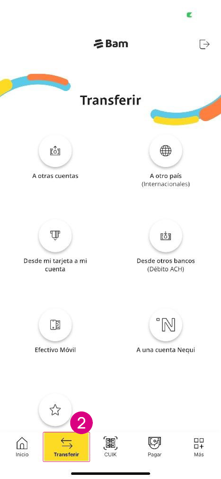 opción “Transferir” en la app Bam