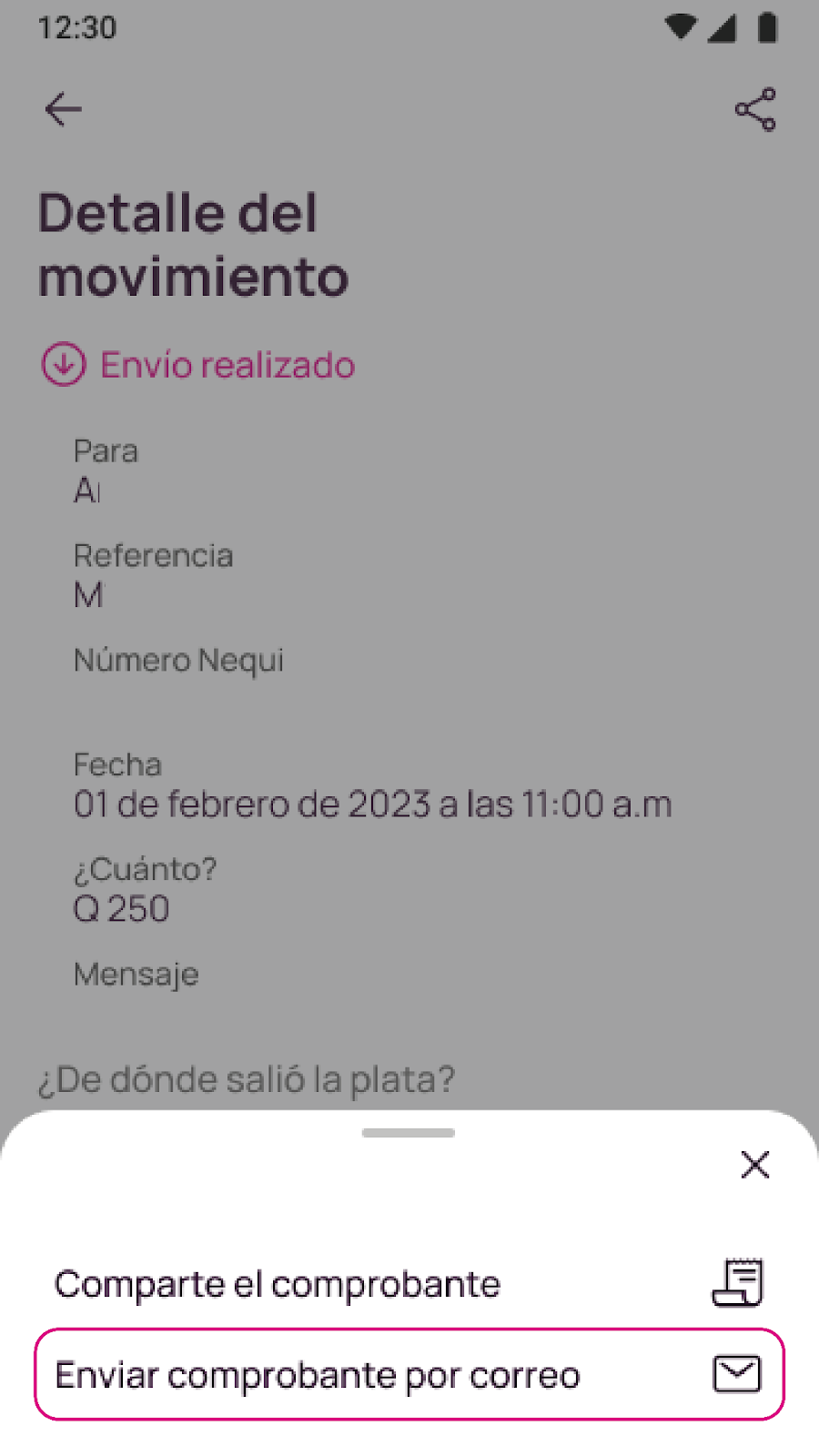 Pantalla de enviar comprobante por correo en Nequi