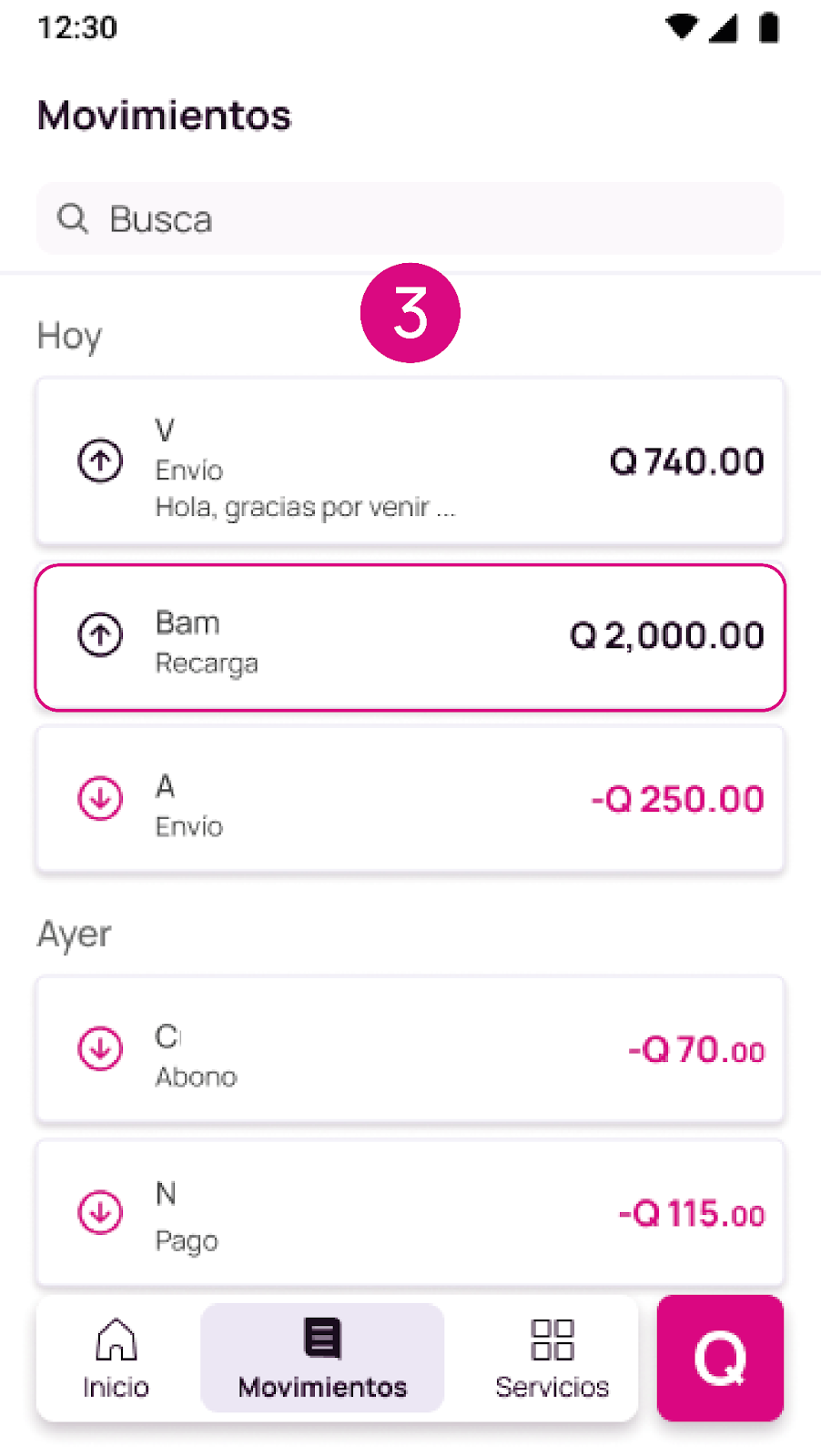 Pantalla de movimientos Bam en Nequi