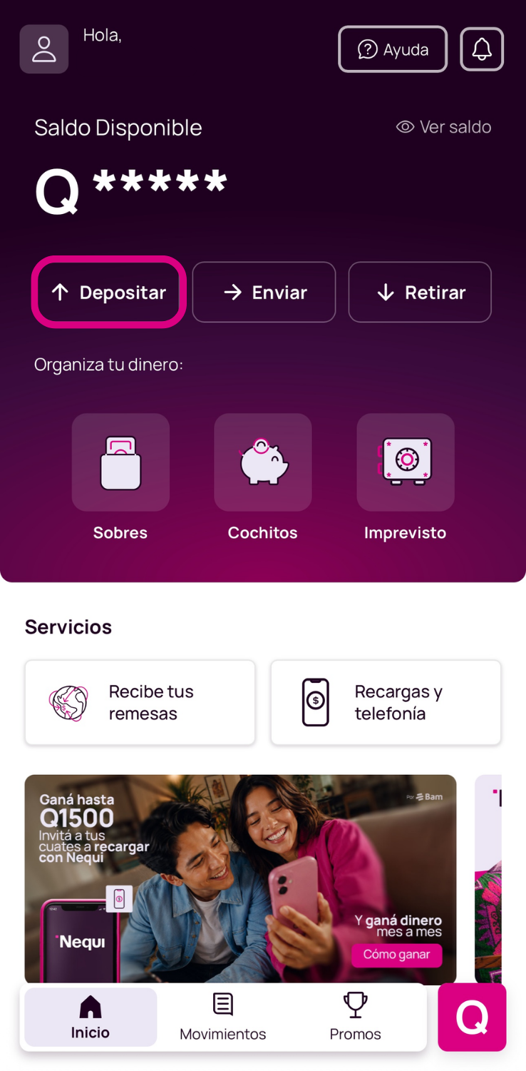 Pantalla de inicio con opción depositar.png